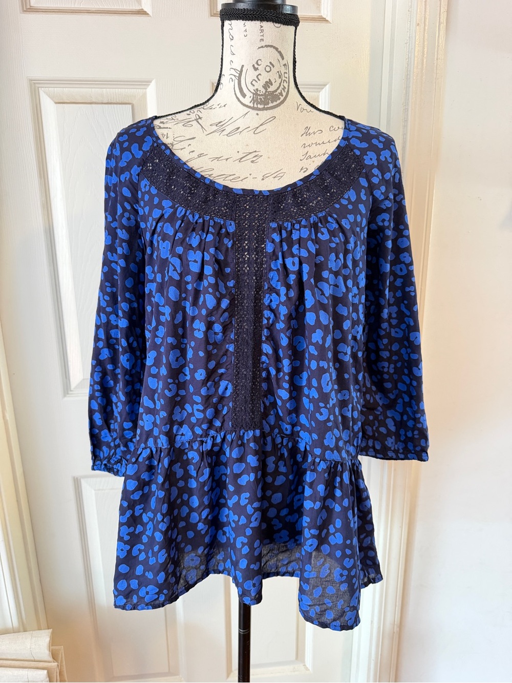 Anthropologie Navy and Royal Blue Printed Peasant Tunic with Crochet Yoke